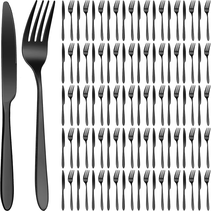 Nuenen 100 Pieces Stainless Steel forks and knives Dinner Flatware Set Tableware Cutlery for Butter Kitchen Restaurant, Dishwasher Safe(Black,8.4 Inches, 7.1 Inches)