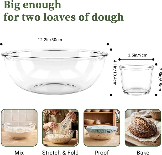 Physkoa 6.3 Qt Glass Sourdough Bowl Kit & 2 Pack 8oz Prep Bowls with Lid | Includes Silicone Lid & Breathable Fabric Cover; Heavy Duty Borosilicate Glass, Perfect for Dough Fermentation & Home Baking