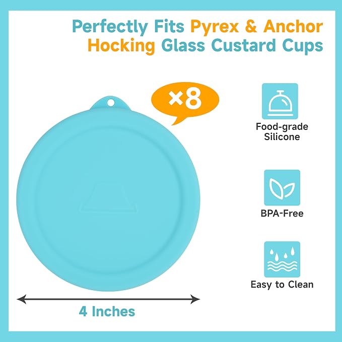 8 Packs Silicone Replacement Lids for Pyrex and Anchor Hocking Glass Custard Cups 6oz, Prepware Dessert Cup Cover, Silicone Lids for Food Storage, Dishwasher Safe (Lids Only)