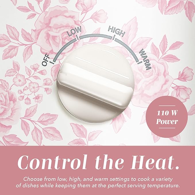 COOK WITH COLOR 2QT Mini Electric Round Slow Cooker - Adjustable Settings, Removable Stoneware Pot, Tempered Glass Lid, Dishwasher Safe, Cool-Touch Side Handles, Floral Pink
