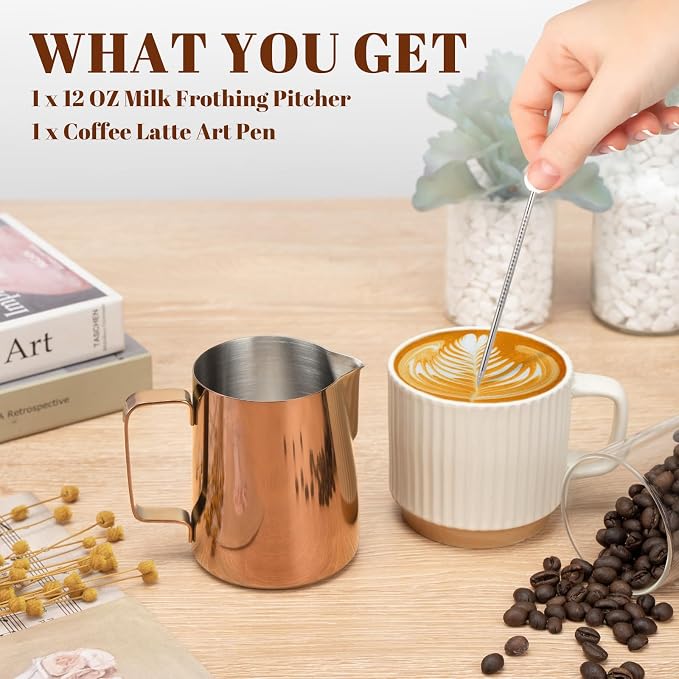 Amrules Milk Frothing Pitcher 12oz Frother Cup Barista Tools, Rose Gold | 18/8 Stainless Steel, 12oz Capacity with Clear Scale, with Decorating Pen, Ergonomic Handle, for Cappuccino, Latte & Espresso