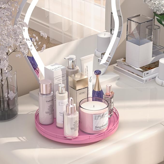 Oroyutor 12-Inch Oak Lazy Susan Vanity Tray, Pink Finish | Rotating oak tray organizes spices, toiletries and decor on kitchen counters, bathroom vanities, dining and coffee tables.