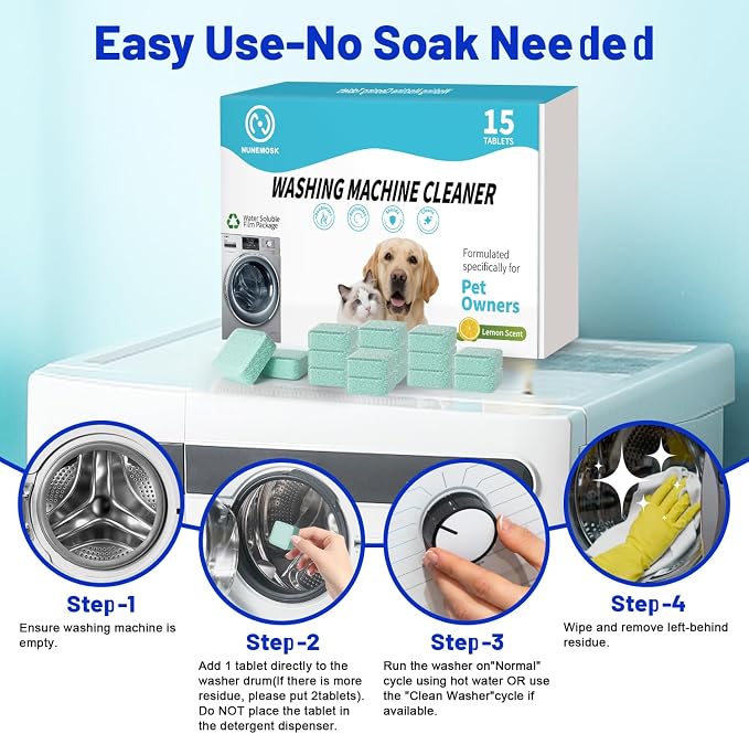 Washing Machine Cleaner Tablets-15 Pack, Formulated for Pet Owners | Compatible with HE, Top & Front Load Washer | Septic Safe | Fresh Scent | Removes Residue | Remove Stubborn Pet Hair,Residue