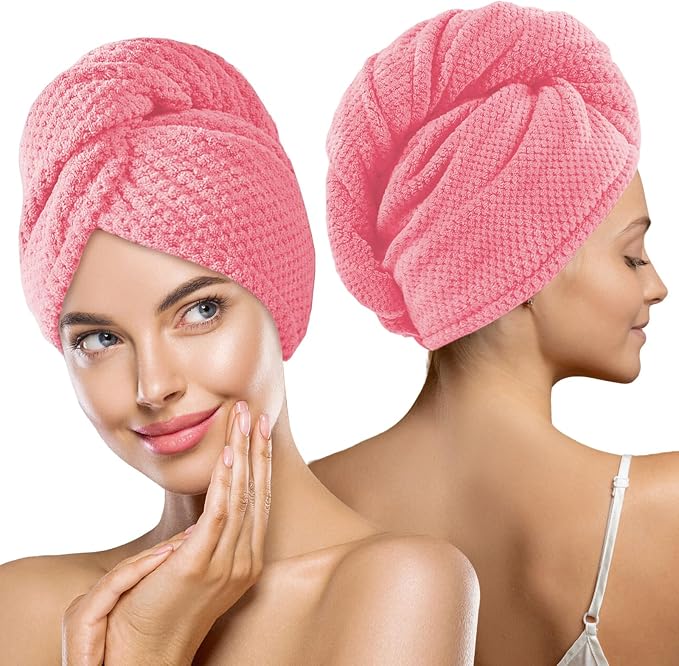 MaopaoBeauty 2 Pack Microfiber Hair Towel Wrap for Women, Lint Free Quick Drying Hair Turban for All Hair Style, Absorbent and Lightweight Hair Towel for Daily Use, Hot Pink