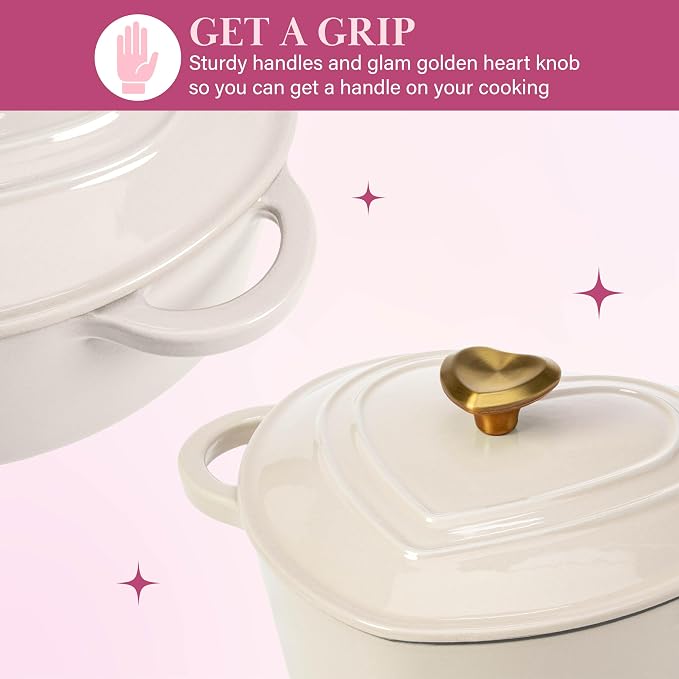 Paris Hilton Enameled Cast Iron Dutch Oven Pot with Lid, Heart-Shaped Dutch Oven, Durable Cast Iron Pot with Dual Handles, Oven Safe to 500°F, Works on All Stovetops, 4-Quart, Cream