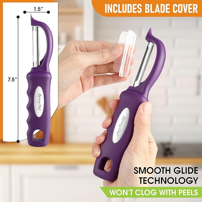 Spring Chef Swivel Vegetable Peeler w/Ergonomic Handle, Set of 2, Purple | Premium Potato Peeler w/ Ultra Sharp Stainless Steel Blades, Multifunctional Veggie Peeler for Apple, Carrot, Cucumber, Fruit