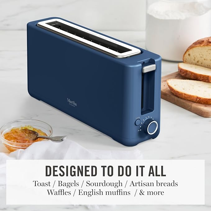 Martha Stewart 2 Slice Long Slot Toaster, Extra Wide, Indigo Blue | 10 Shade Settings, 10” Wide Slot, Sourdough, Bagels, Artisan Bread & Waffles, Smart Centering, Removable Crumb Tray