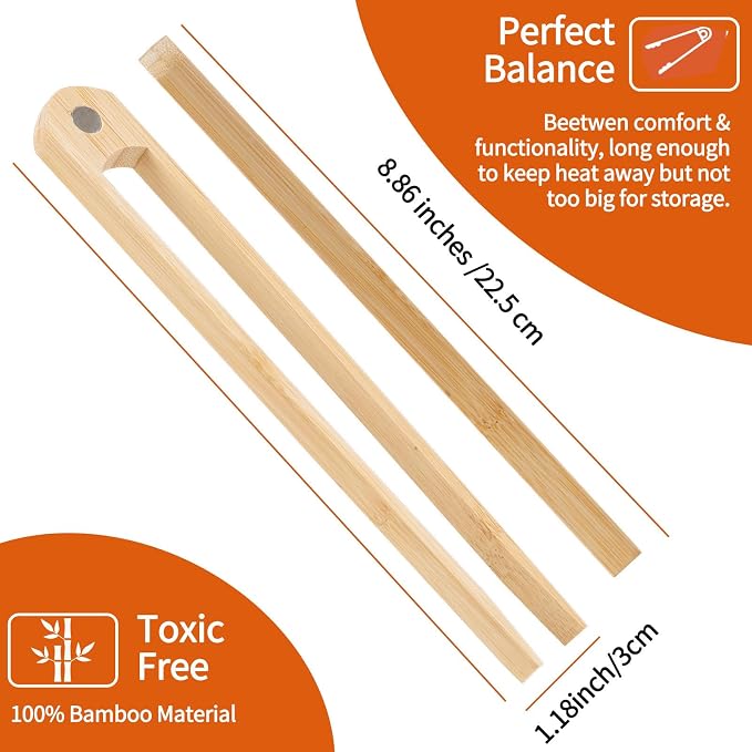 Jowmoy 2 Pieces With Magnet Natural Bamboo Toast Tongs, toast tongs, bamboo tongs,slip Design,for Toaster,Fruits, Bread & Pickles, Kitchen Utensil, Salad, Pasta, Grilling, BBQ.