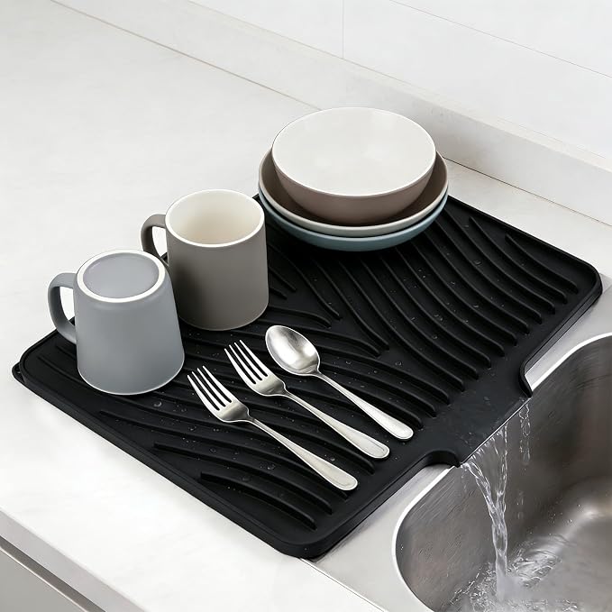 Silicone Dish Drying Mat for Kitchen Counter, 16" x 13" Black-1pcs | Heat Resistant & Non-Slip Dish Drain Pad with Built-In Drain, Quick-Dry, Hangable & Roll-Up for Storage，Multi-Functional Use