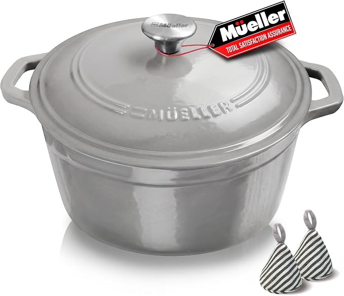 Mueller 6 Quart Enameled Cast Iron Pot Dutch Oven, Heavy-Duty | Oven-Safe up to 500°F & Across All Cooktops, Casserole Dishes for Ovens, Bread Pan with Lid & Knob, Cast Iron Cookware, Grey