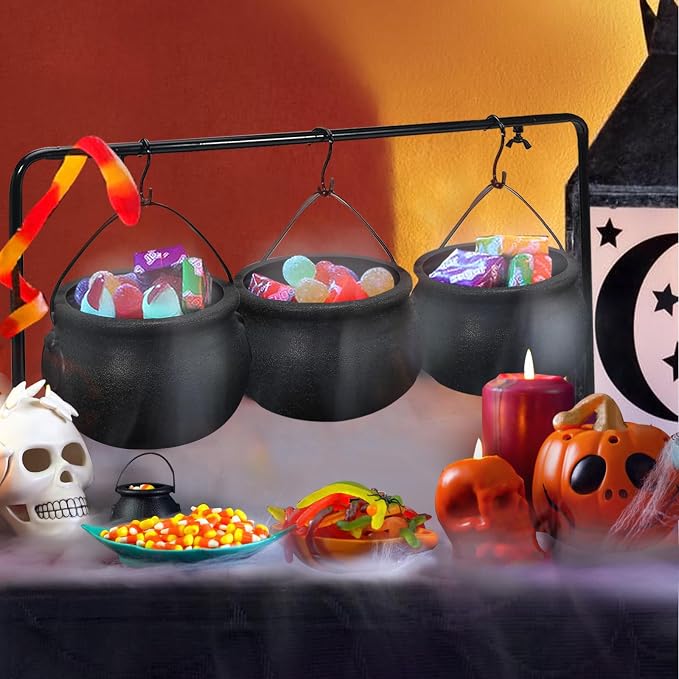 Halloween Decorations Indoor, 3 Pack Witches Cauldron Serving Bowls on Rack | Halloween Party Decorations Halloween Candy Bowl Black Plastic Cauldron for Home Kitchen Decor