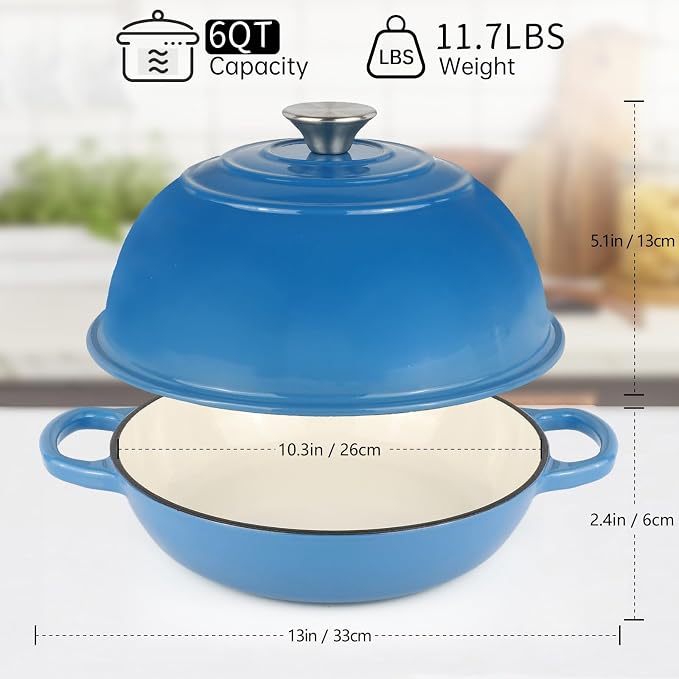 Enameled Cast Iron Bread Oven Dutch Oven Pot with Lid Blue | Bread Dutch Oven for Sourdough Bread Baking, 6 Quarts 10" Bread Pan with Dome Lid, Non-stick Cookware for Homemade Bread