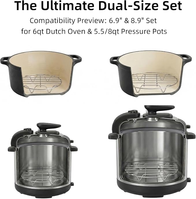 2-Pack Round Steamer Rack 6.9" 8.9" | Stainless steel, Fits 5-8Qt Cookers, 40lbs, 500°F, air fryer/pressure cooker/Dutch oven, dishwasher safe