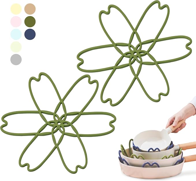 Silicone Pan Protectors for Stacking 2 Piece (Matcha Green, L) | Pot Separators for Cookware, Prevent Scratch, Protect Coating, Dishwasher Safe, Multi-Purpose Heat Resistant Trivets