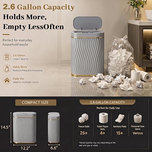 2.6 Gallon Automatic Bathroom Trash Can with Touchless Lid, Grey Gold | Motion Sensor Trash Can with Slim Waterproof Body; Small Plastic Garbage Can, hands-free lid for Bedroom, office, and kitchen