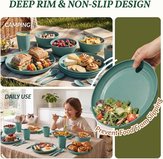 Wheat Straw Dinnerware Sets, Homienly 20pcs Unbreakable Microwave Dishwasher Safe Tableware Lightweight Bowls, Cups, Plates Set Reusable Dinner Plates Bowls set (Green)