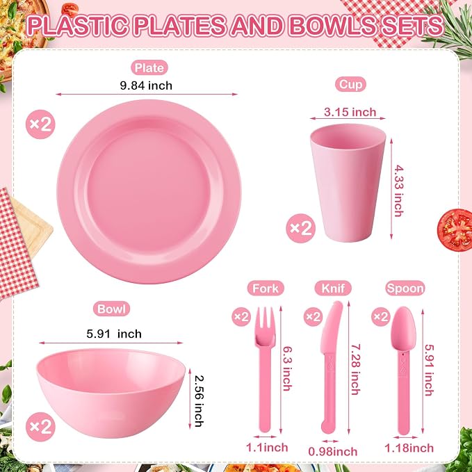 LemonRoad College Dorm Dishes Essential Kit 2 Sets Plastic Plates and Bowls 1 Set 40oz Microwave Cooker Ramen Bowl with Chopstick Spoon Fork Picnic Dinnerware Camping Set for College Dorm Room(Pink)