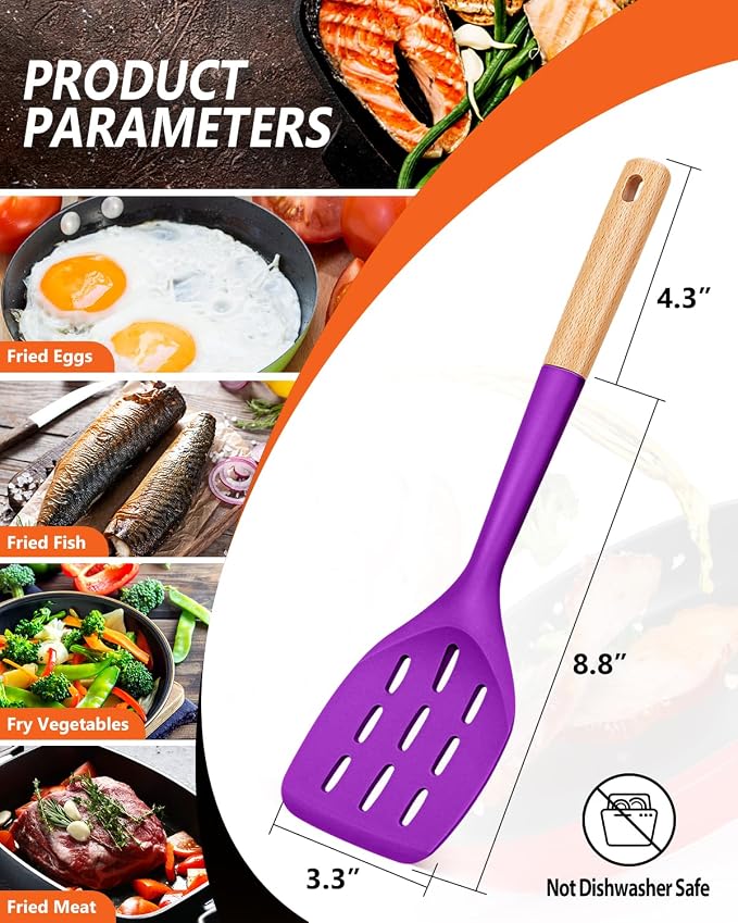 Pack of 2 Silicone Spatula, Non Stick Cooking Utensil Set, Wooden Handle Kitchen Turner for Baking Mixing Grilling Serving Food Heat Resistant (BERRY)