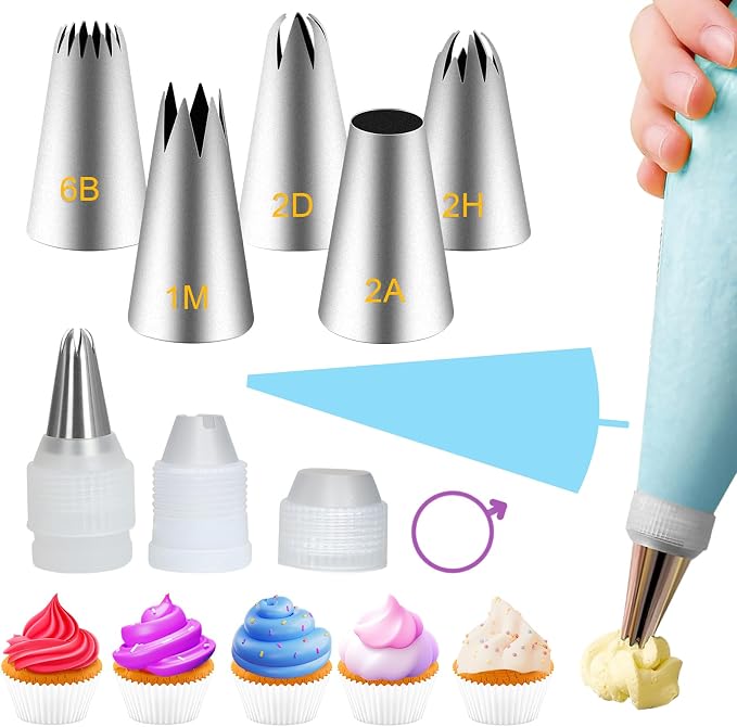 Large Piping Tips Set,Reusable Stainless Steel Icing Nozzles Kit | Cake Decorating Tips Set,Cake Decorating Tools, Frosting Icing Tips for DIY Pastry Dough, Cookie,Cupcake,Cake(1M 2D 2F 6B 2A)