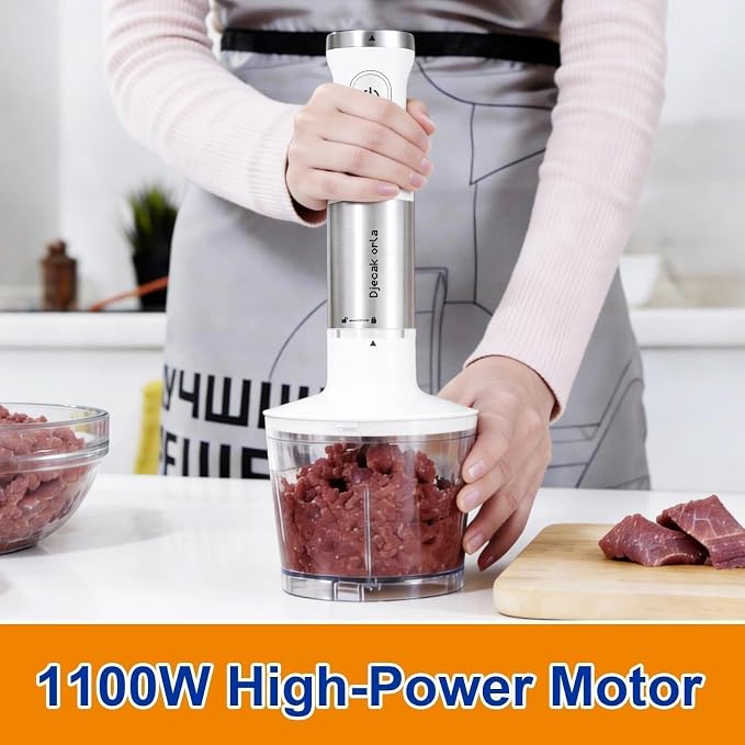 Upgrand 1100W 5-in-1 Immersion Blender Handheld, White | 30 Speed Stick Blender with Turbo, 15,500 RPM, Includes Whisk, Milk Frother, 500ml Chopper & 600ml Beaker