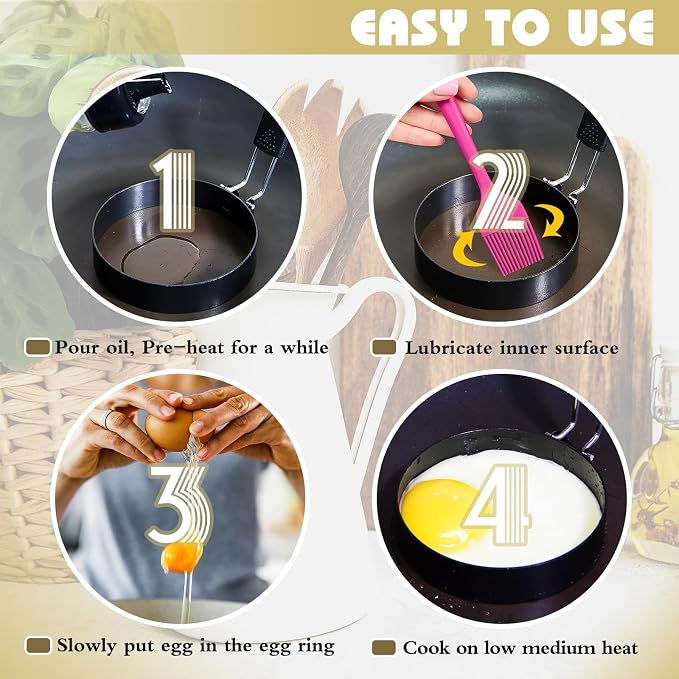 2-Pack Round+Heart Egg Rings Set with Silicone Handle, Stainless Steel Egg Cooking Rings，Nonstick，For Frying Eggs and English Muffins Pancake, Egg Mold Shaper For Breakfast
