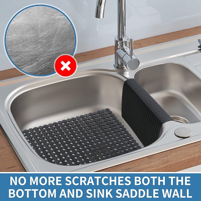 Bligli Silicone Sink Saddle, Large and Durable Sink Divider Mat with No Suction Cups, Kitchen Divided Sink Protector Mat for Glassware Dishes, Easy to Clean and No Smell, 11.8" x 18" (Black)