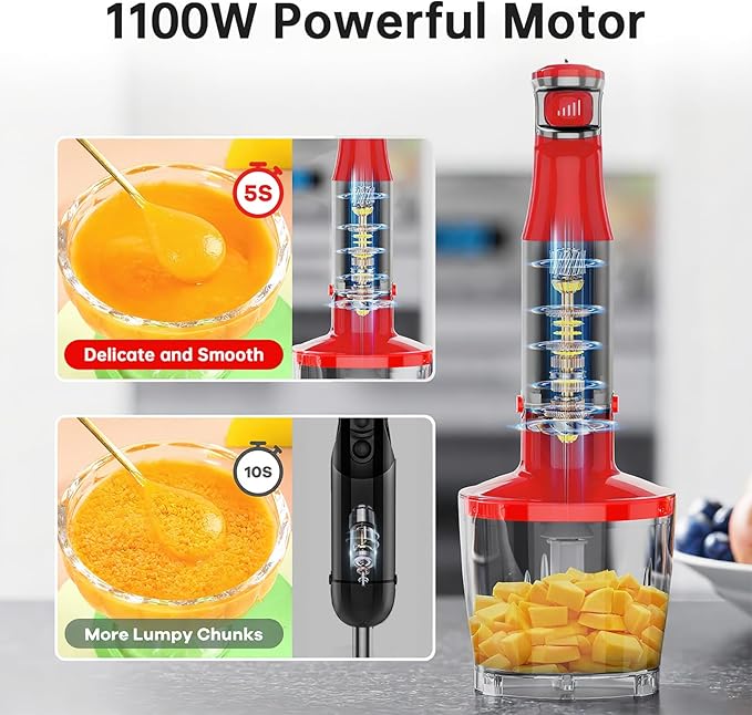 Turelar Immersion Blender Handheld Corded, 1100W 5 in 1 Hand Blender Set | Trigger Variable Speed, Emulsion Stick Mixer with Food Processor, Whisk, Frother, for Soup, Puree, Baby Food, Anti-scratch