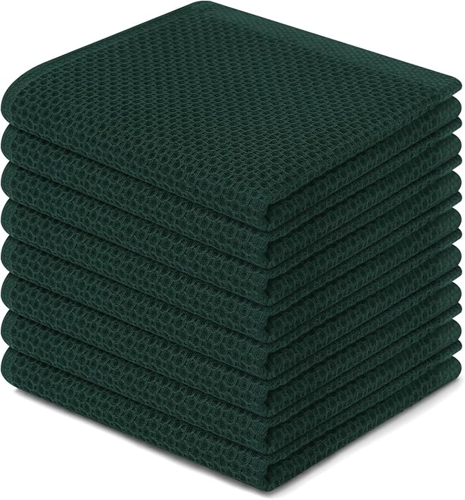 Homaxy 100% Cotton Waffle Weave Kitchen Dish Cloths 8-Pack, Blackish Green | 12 x 12 Inches, Ultra Soft Absorbent Dish Towels, Quick Drying Dish Rags with Hanging Loop