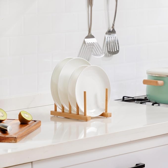 Bamboo Dish Drying Rack for Kitchen Counter & Cabinet (4 Slots) | Detachable Dish/Book/Plate/Bowl/Cup/Cutting Board/Pot Lid Organizer for Kitchen, Living Room, Study, Display Cabinet