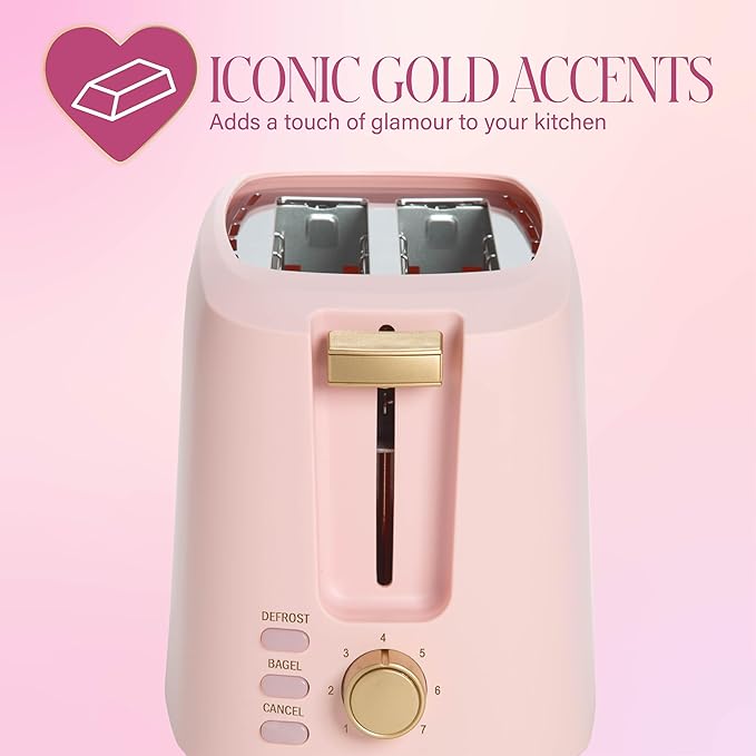 Paris Hilton 2-Slice Toaster, Extra-Wide Slots, 7 Browning Settings, Bagel & Defrost Functions, Removable Crumb Tray, Pink