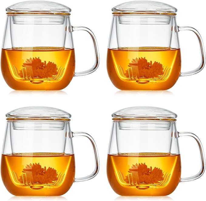DOPUDO Glass Teacups 4 Pack Glass Tea Cup with Infuser and Lid, 17.6oz/520ml Large Borosilicate Teacup,Tea Clear Mug Cup for Loose Leaf Blooming Tea, Microwave & Dishwasher Safe.