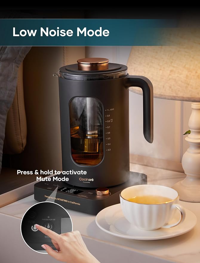 INTASTING Electric Kettle, Electric Tea Kettle with Infuser, 1 Liter | ±1℉ Temperature Control, 1200W Fast Heating, BPA-Free Glass, Easy to Clean, Keep-warm, Auto shut-off, Dark Gray