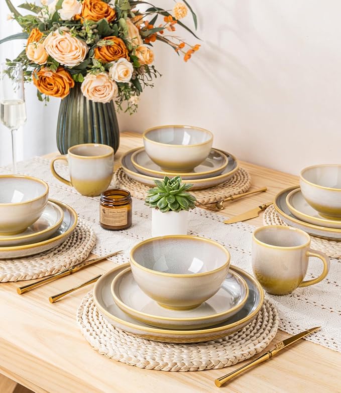 Ceramic Dinnerware Set for 4, 12-Piece Plates and Bowls Set | Lightweight Porcelain Dish Set, Scratch Resistant, Oven & Microwave & Dishwasher Safe, Autumn Mist