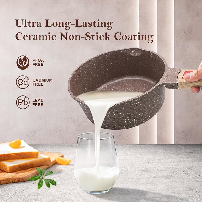 AIKENBBKK 1.5 Quarts Ceramic Nonstick Saucepan with Lid, Small Sauce Pot with Pour Spouts for Multipurpose Use, Milk Pan with Detachable Handle, Oven Safe (Brown)
