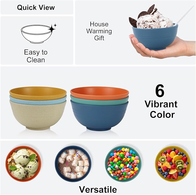 Unbreakable Wheat Straw Bowls for Kids, 10 oz Snack Bowls Set of 6, Small Handy Bowls Set for Snack, Dessert and Appetizer,Multi Color