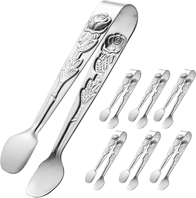 HINMAY 6PCS Mini Serving Tongs 4-Inch Small Rose Sugar Cube Tongs (Silver)