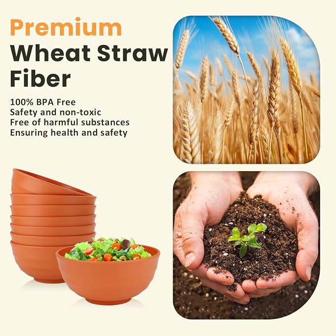 Large Bowl Set of 8, 60 oz Orange Wheat Straw Bowls, Unbreakable & Microwave Safe, Big Soup and Salad Bowls for Wedding, Party, Camping, Family Dining
