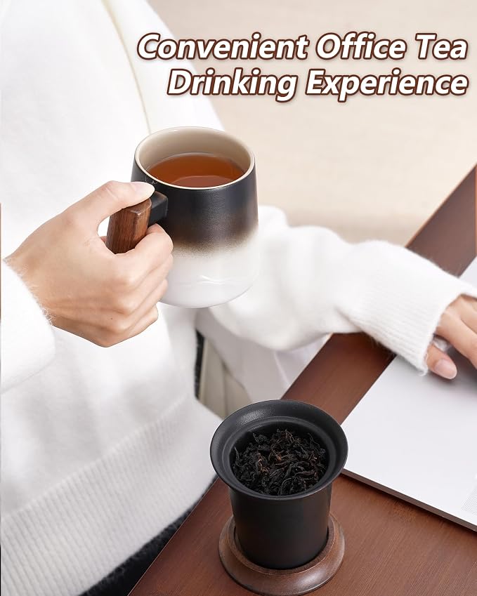 ZENS Tea Infuser Mug with Lid for Loose Tea Steeper, 14.5oz White | Embossed Ceramic Tea Cup with Infuser for Herbal Tea Difussers, Tea Lovers Gifts, Modern Organic Wood Handle