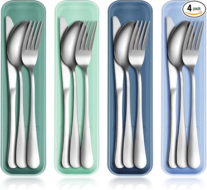 4 Pack Travel Silverware Set with Case for Lunch,Blue | Reusable Utensils with Case, Portable Flatware, Camping Cutlery, Fork Spoon Knife, for Work School, Dishwasher Safe