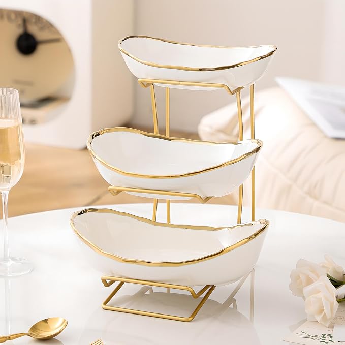 Gold Silver Fruit Bowl with Metal Stand, 3 Tier Ceramic White Fruit Bowl Fruit Rack for Kitchen Counter, Tiered Fruit Basket for Snacks Bread Candy Storage (White A (Smooth Surface))