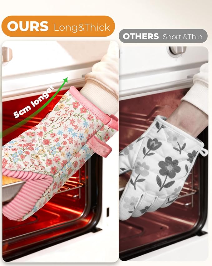 100% Thick Cotton Oven Mitts Ribbed Soft Silicone Pink Flower | Aesthetic Oven Mitts for Women, Machine Washable Non-Slip Kitchen Mitts, Reversible for Both Hands, Stylish Kitchen Decor