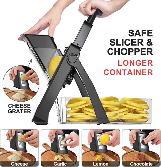 SupMaKin Safe Mandoline Slicer, Upgraded Adjustable Chips Slicer 1-8 mm | Vegetables Fruits Slicer with Container Grater, Stainless Steel Blade,Faster Slicer Artifact Kitchen Gadgets Dishwasher Gifts