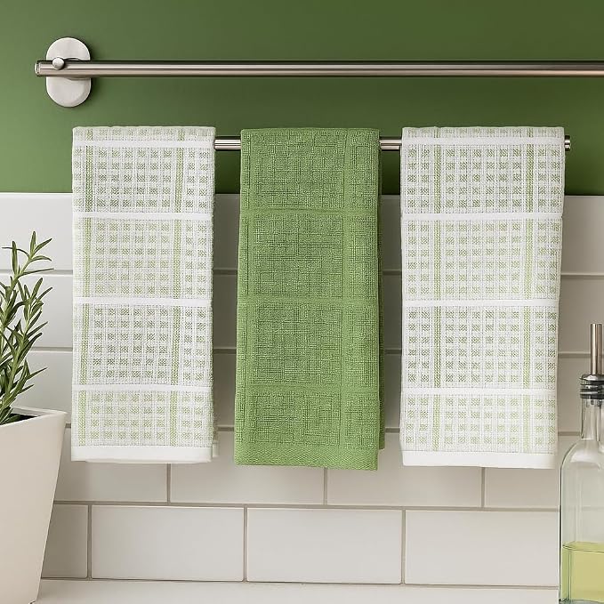 Sage Green Kitchen Dish Towels – Set of 3 100% Cotton Cloth Soft Cleaning Drying Absorbent Textured Waffle & Checkered Weave – Oversized 28" x 18" Multipurpose Towels for Everyday Use