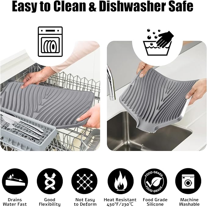 TIKNIK Silicone Dish Drying Mat for Kitchen Counter, Grey-1pcs, 20" x 15" | Heat Resistant & Non-Slip Dish Drain Pad with Built-In Drain, Dishwasher Safe, Quick-Dry, Hangable & Roll-Up for Storage