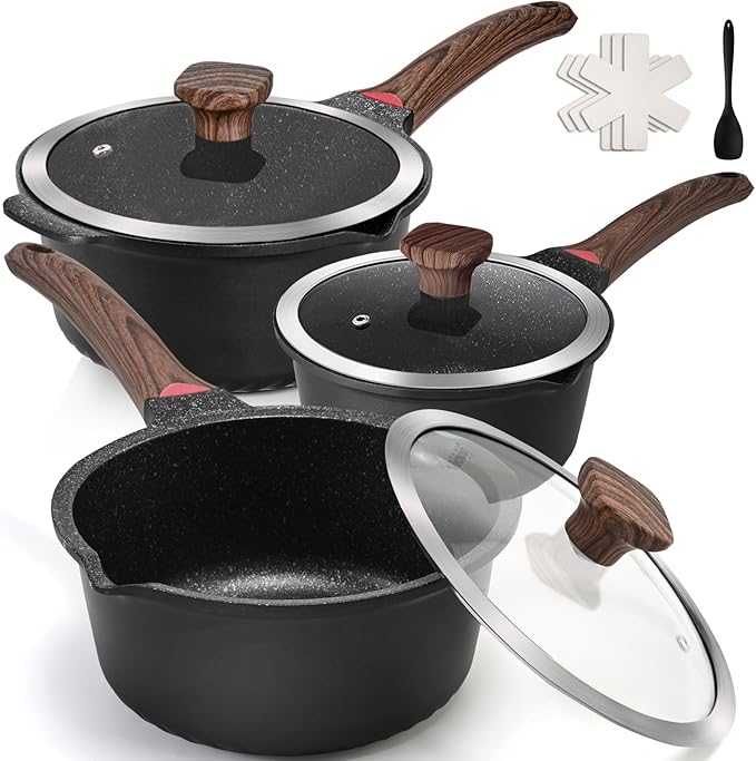 Vinchef 10PCS Sauce Pan Set with Lids, Nonstick, 2/3/4QT, Black | Includes silicone tools&pot protectors, PFAS/PFOA-free nonstick, dishwasher-safe, induction-compatible, stay-cool handles