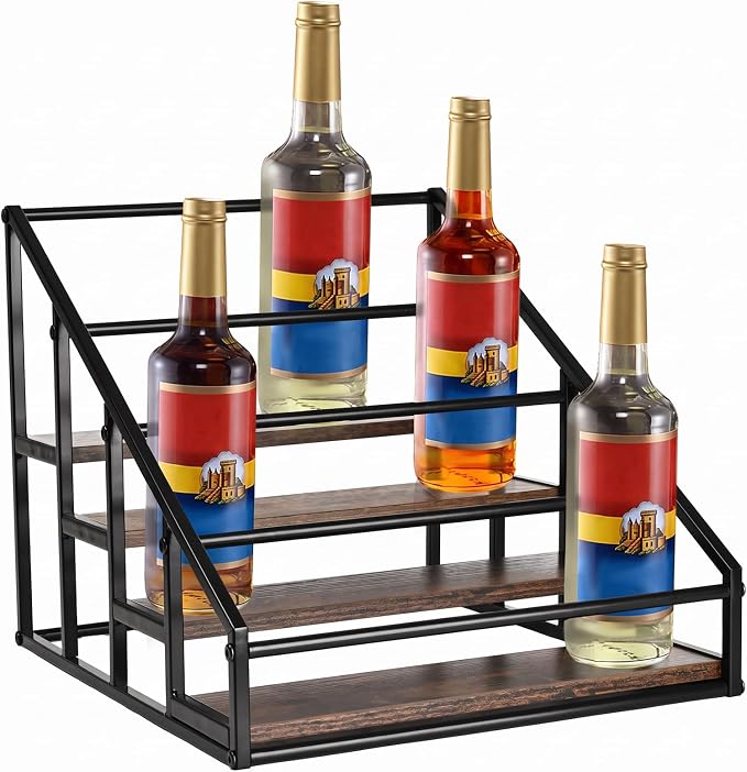 YQBRAO 4-Tier Coffee Syrup Organizer, 16-Bottle Rack, Rustic Brown | Holds up to 16 bottles with stepped visibility; rustic wood and metal design for syrups, kitchens, and home coffee bars.