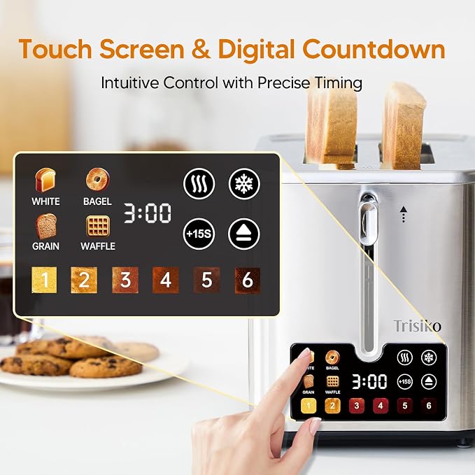 Trisiko® Touch Screen Toaster 2 Slice, 900W Digital Toaster with Countdown Timer, 1.38 in Wide Slots, 6 Browning Levels, Bagel, Defrost, Reheat, Cancel, Crumb Tray, Cord Wrap-Stainless Steel