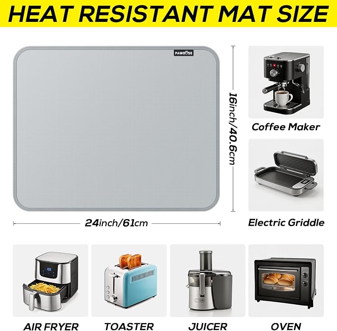 PAWBOSE Heat Resistant Mats for Countertops 16x24 Inch - 2PCS Fireproof Air Fryer Mat, Hot Pad for Ninja, COSORI, Cuisinart, Toaster, Oven & Small Kitchen Appliances - Grey