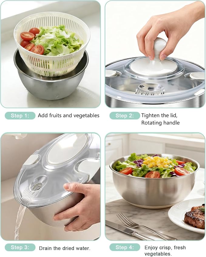 Large Salad Spinner with Storage Lid，5.29QT Stainless Steel Spin Dry Salad Greens Fruit Washing Bowl with Strainer Vegetable Cleaner washer Lettuce Spinner with slicer and julienne cutter