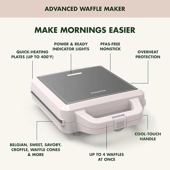 GreenPan Advanced Waffle Maker, 4-Square Belgian & Classic Waffle Maker, PFAS-Free Ceramic Nonstick, Dishwasher Safe Plate, Cool-Touch Handle, Overheat Protection, Easy Clean, Clay